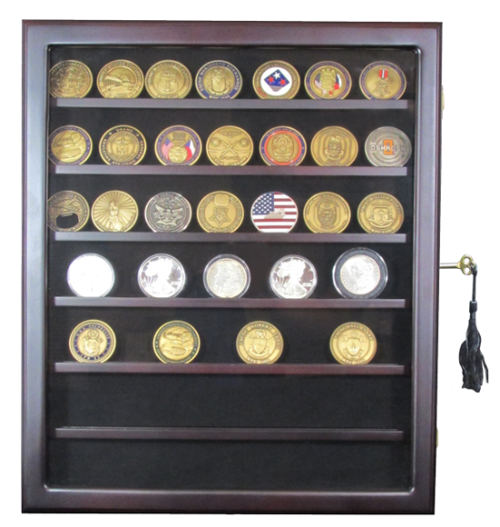 Locking Coin and Challenge Coin Cabinet with 7 Shelves and Lock
